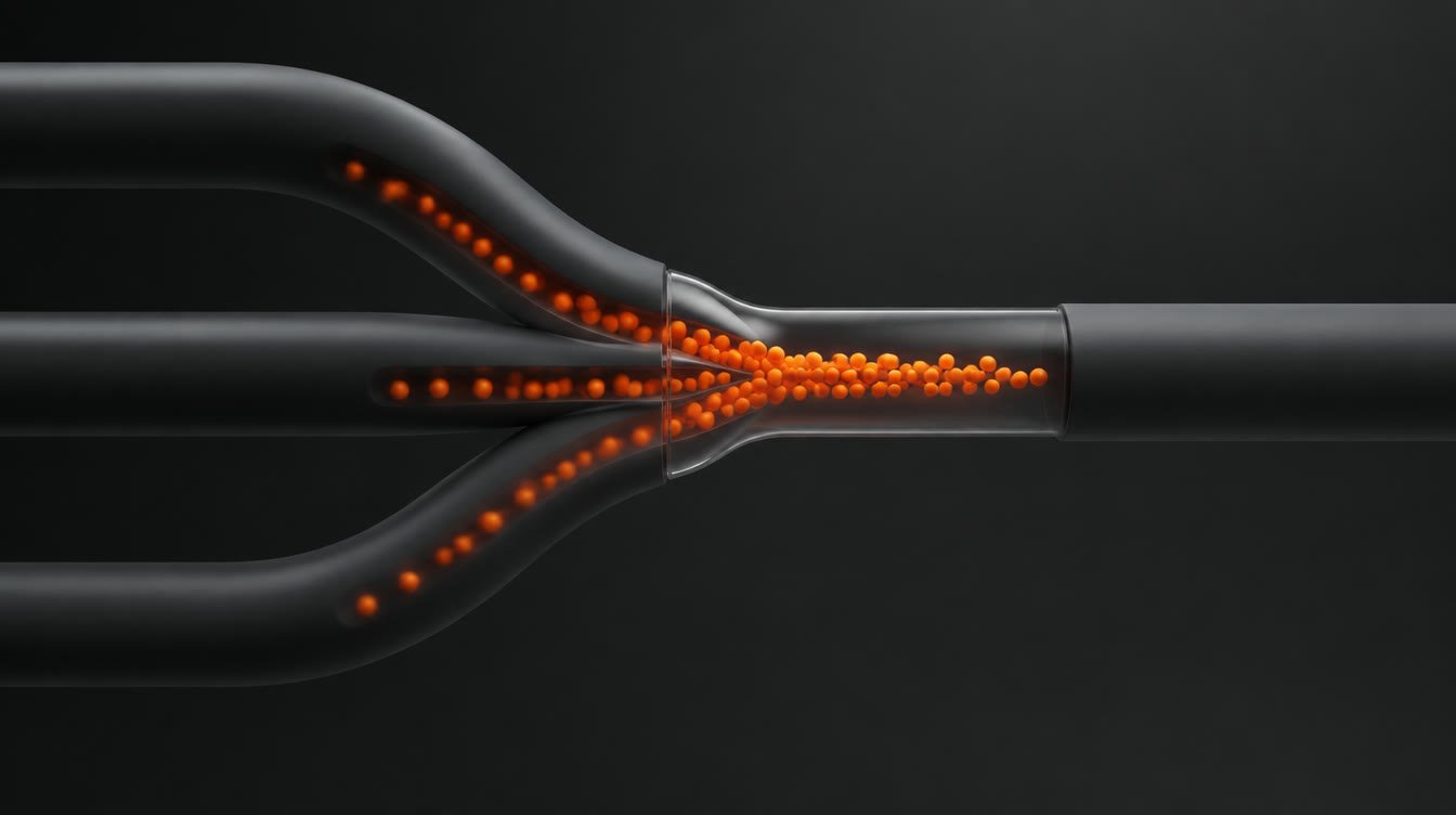 Graphite pipes merging into one, with coral light flowing through