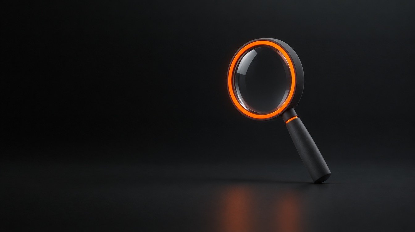 A matte charcoal magnifying glass in a dark studio, its rim glowing coral