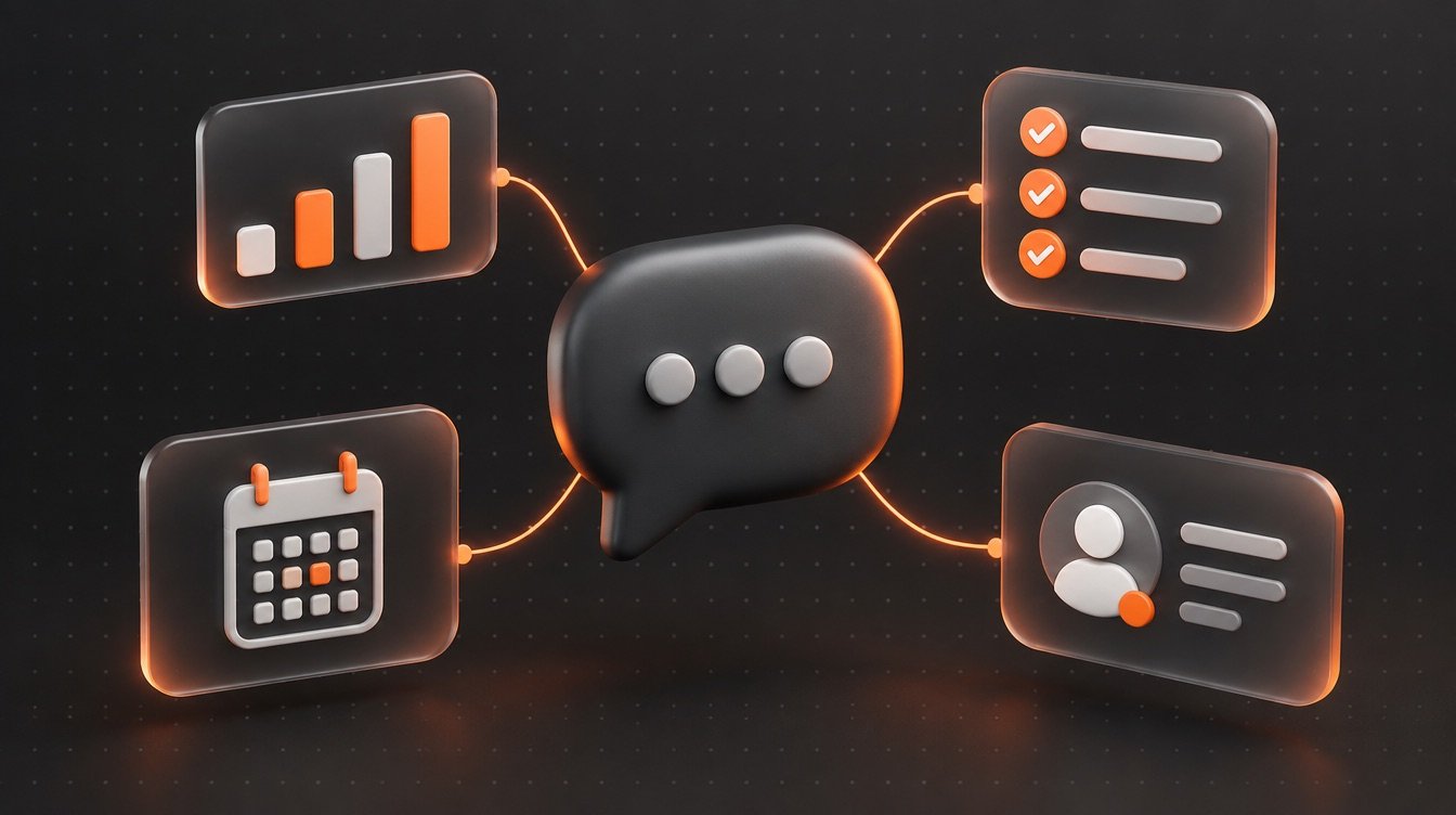A chat bubble connected to cards for charts, tasks, calendar and contacts